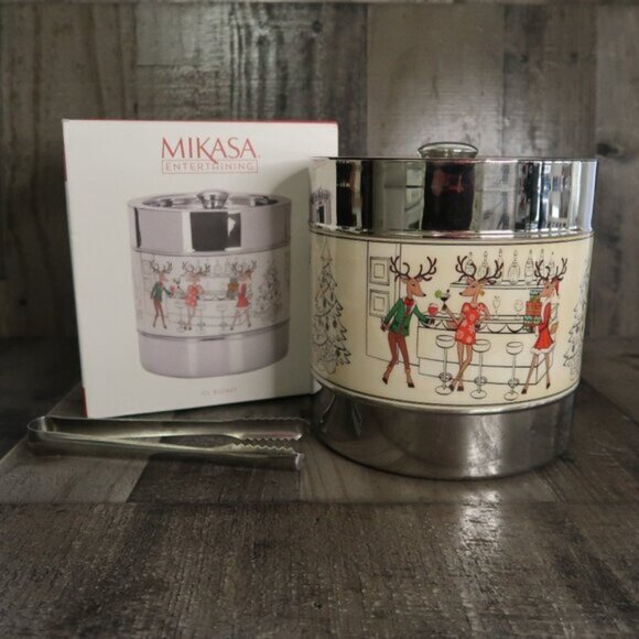 Christmas Ice Bucket Mikasa Reindeer Stainless Steel Champagne Chiller Lid Tongs - Picture 1 of 7